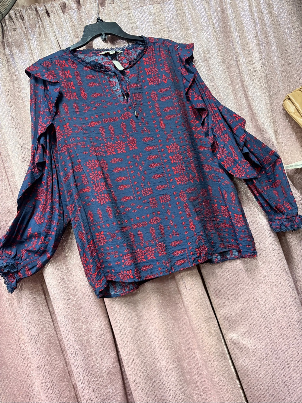 The Pioneer Woman Navy and Red Ruffle Long-Sleeve Blouse